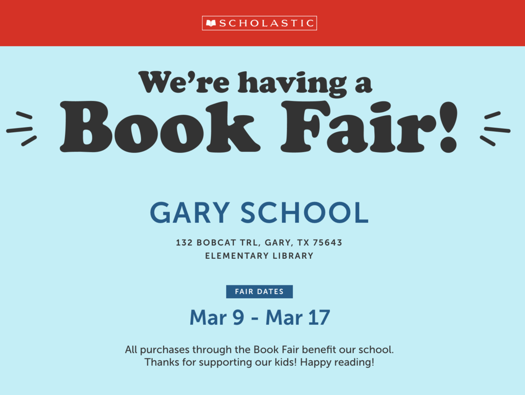 Book Fair flyer that says we will have it March 9 - 17 in the Elementary Library. 